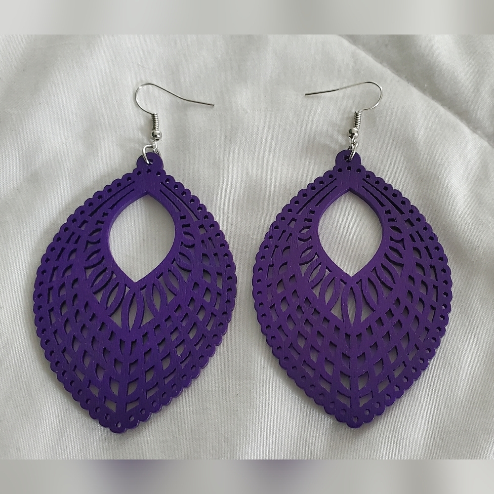 Purple Wooden Earrings - Picture 1 of 2